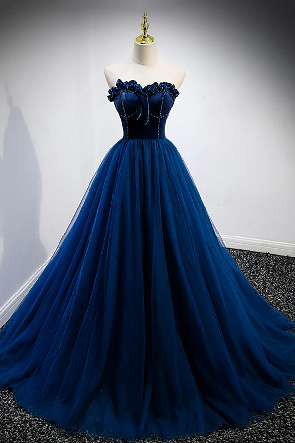Wholesale Blue Velvet Tulle Long A-Line Prom Dress Blue Strapless Formal Evening Dress